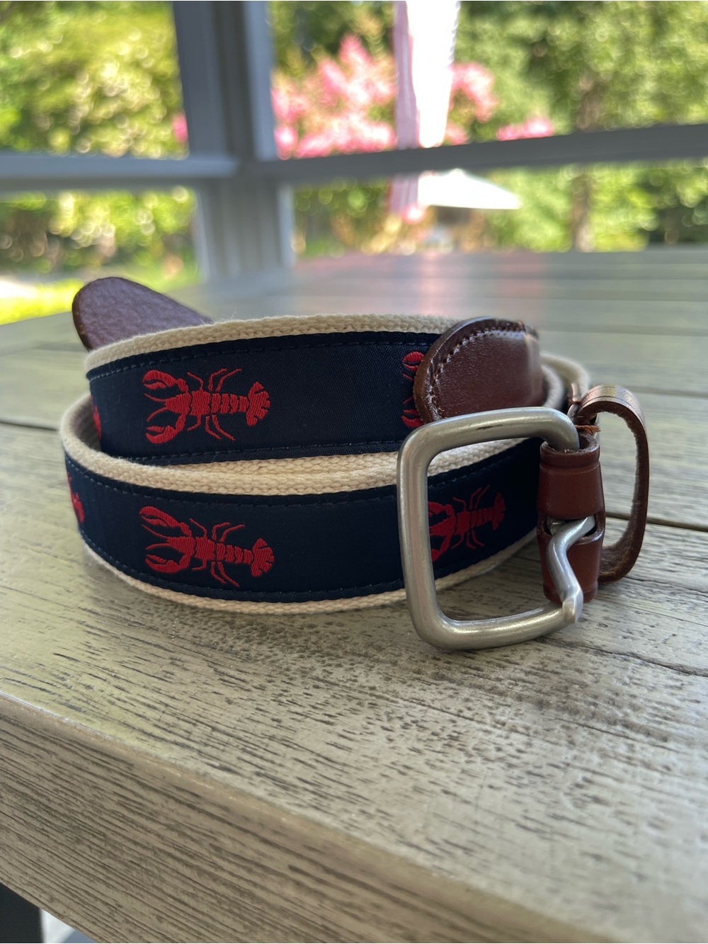 J Crew Navy Belt with Red Lobster Embroidery and Brown Leather Trim Size 36